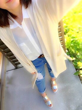 「GU（ジーユー）のアイテム（カーディガン/ボレロ、ホワイト系）」を使った、ａｙｕｍｉさん（レディース・161cm）の春コーディネート