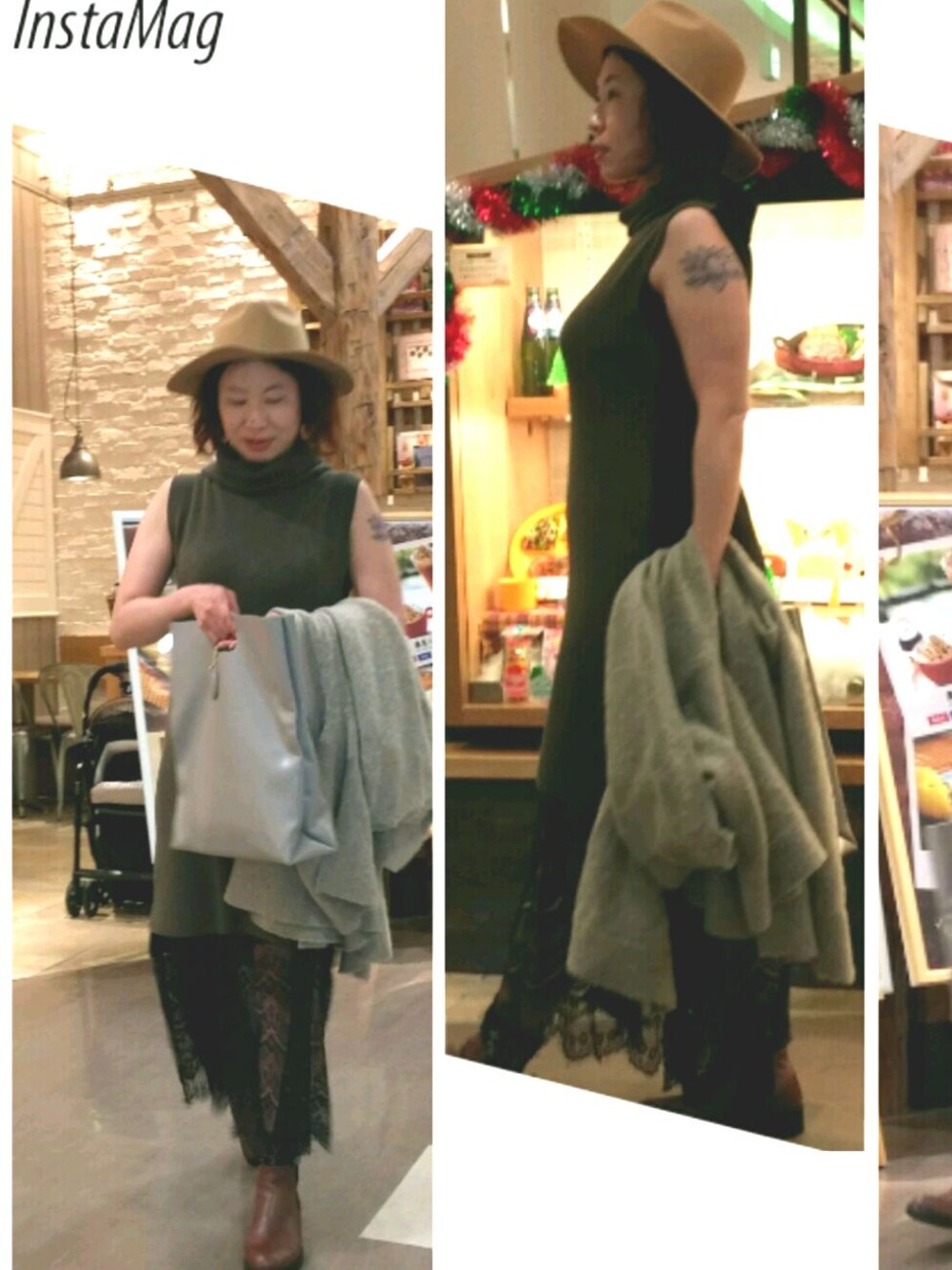 ブラウン系のブーツ、グレー系のショルダーバッグ、ブルー系のスカートを着用したレディースの春コーディネートの1枚目の写真