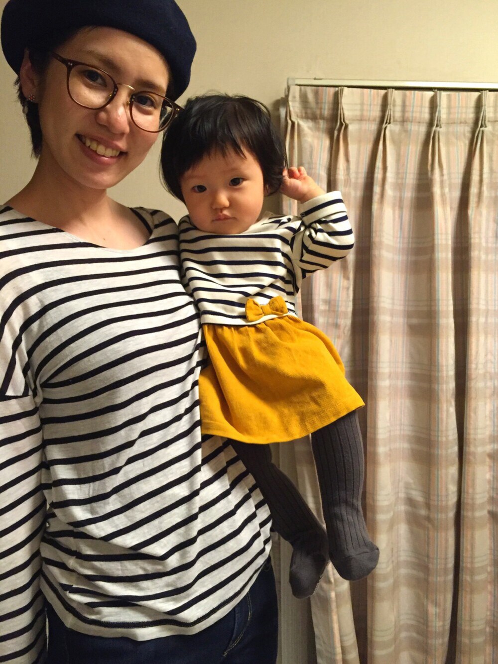 「からしいろまつり2016、1辛、女の子、生後10ヶ月、Borderトップスコーデフェス、親子リンク」｜「赤ちゃん本舗のアイテム（ワンピース、その他）」を使った、☆ochibi☆さん（キッズ・70cm）の秋コーディネートの1枚目の写真