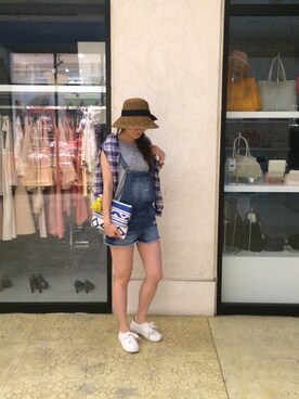 「Bershka（ベルシュカ）のアイテム（サロペット/オーバーオール、ブルー系）」を使った、kiki12さん（レディース・168cm）の夏コーディネート