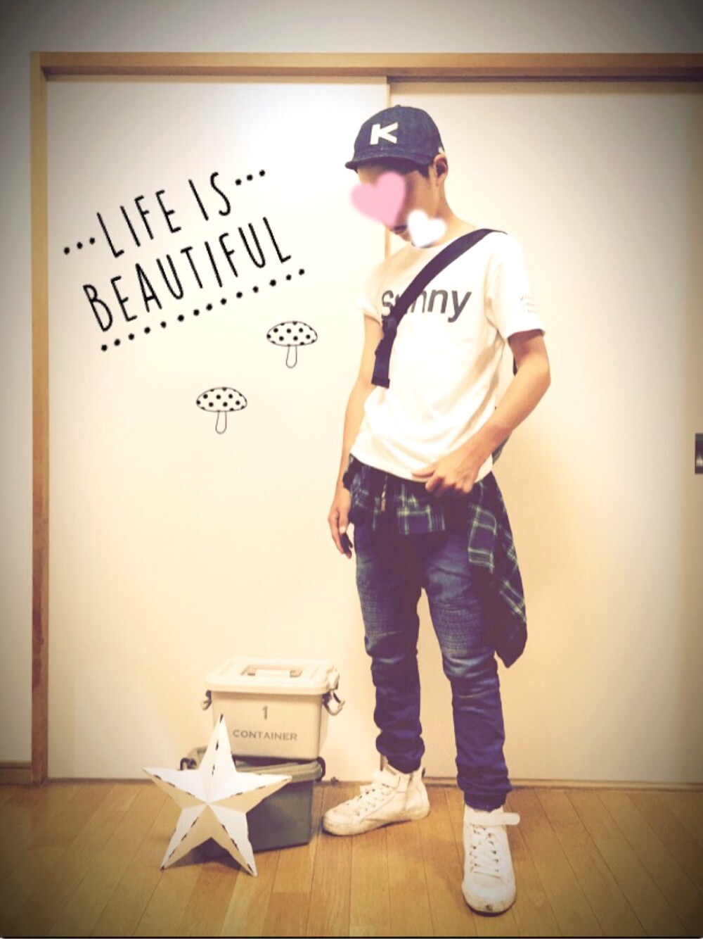 「男子、中2」｜「THE SHOP TK のSUNNYロゴTシャツ（Tシャツ/カットソー、ホワイト系）」を使った、s ☆ MOMOさん（キッズ・110cm）の夏コーディネートの1枚目の写真