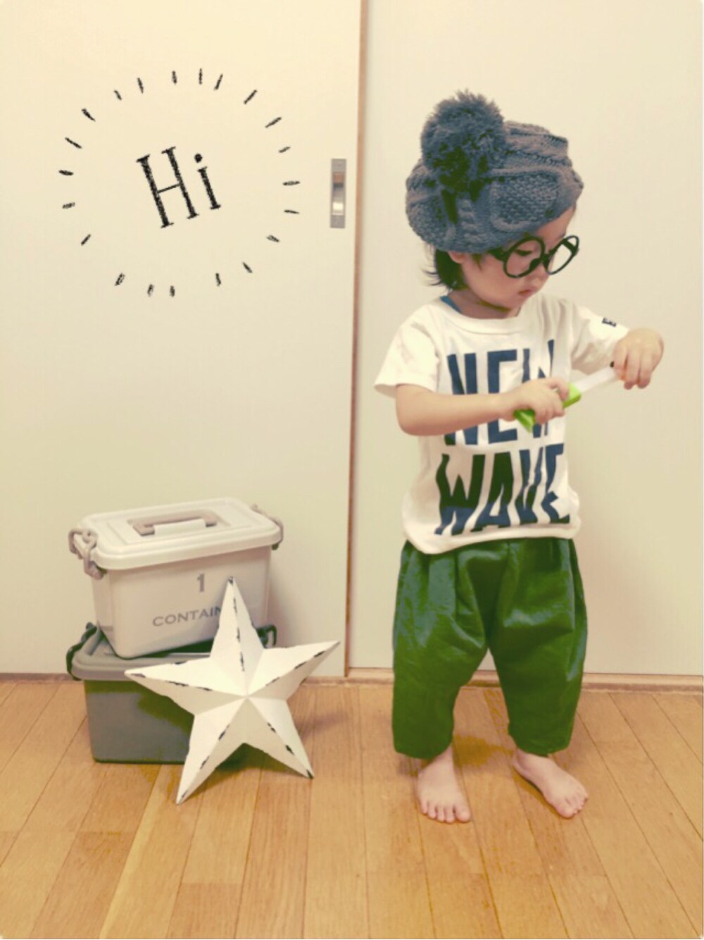 「kids、男の子、2歳10ヶ月、3coins、韓国子供服」｜「3coinsのアイテム（ハンチング/ベレー帽、グレー系）」を使った、s ☆ MOMOさん（キッズ・110cm）の秋コーディネートの1枚目の写真