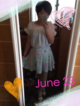 「dazzlin（ダズリン）のオフィショルギンガムレイヤード（その他トップス、ブルー系）」を使った、ともこさん（レディース・154cm）の夏コーディネート