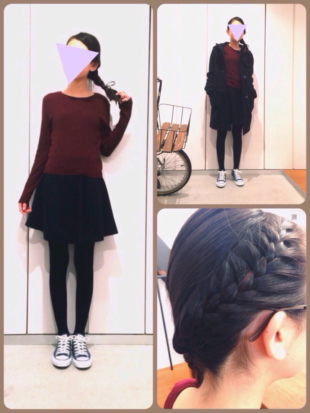 ブラック系のダッフルコート、ブラック系のスカート、レッド系のニット/セーターを着用したレディースの冬コーディネートの1枚目の写真