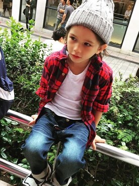 「PETIT BATEAU（プチバトー）のアイテム（ニットキャップ/ビーニー）」を使った、Leonardoさん（キッズ・110cm）の秋コーディネート