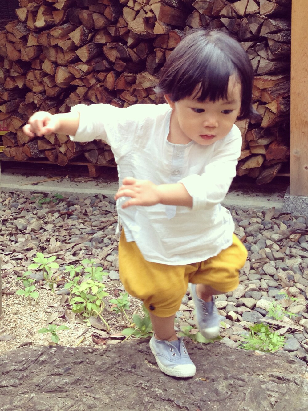 「kids、cokitica、かぼちゃパンツ」｜「Cientaのシエンタデッキシューズ
（スニーカー、ブルー系）」を使った、mimo  mitoさん（キッズ・80cm）の冬コーディネートの1枚目の写真