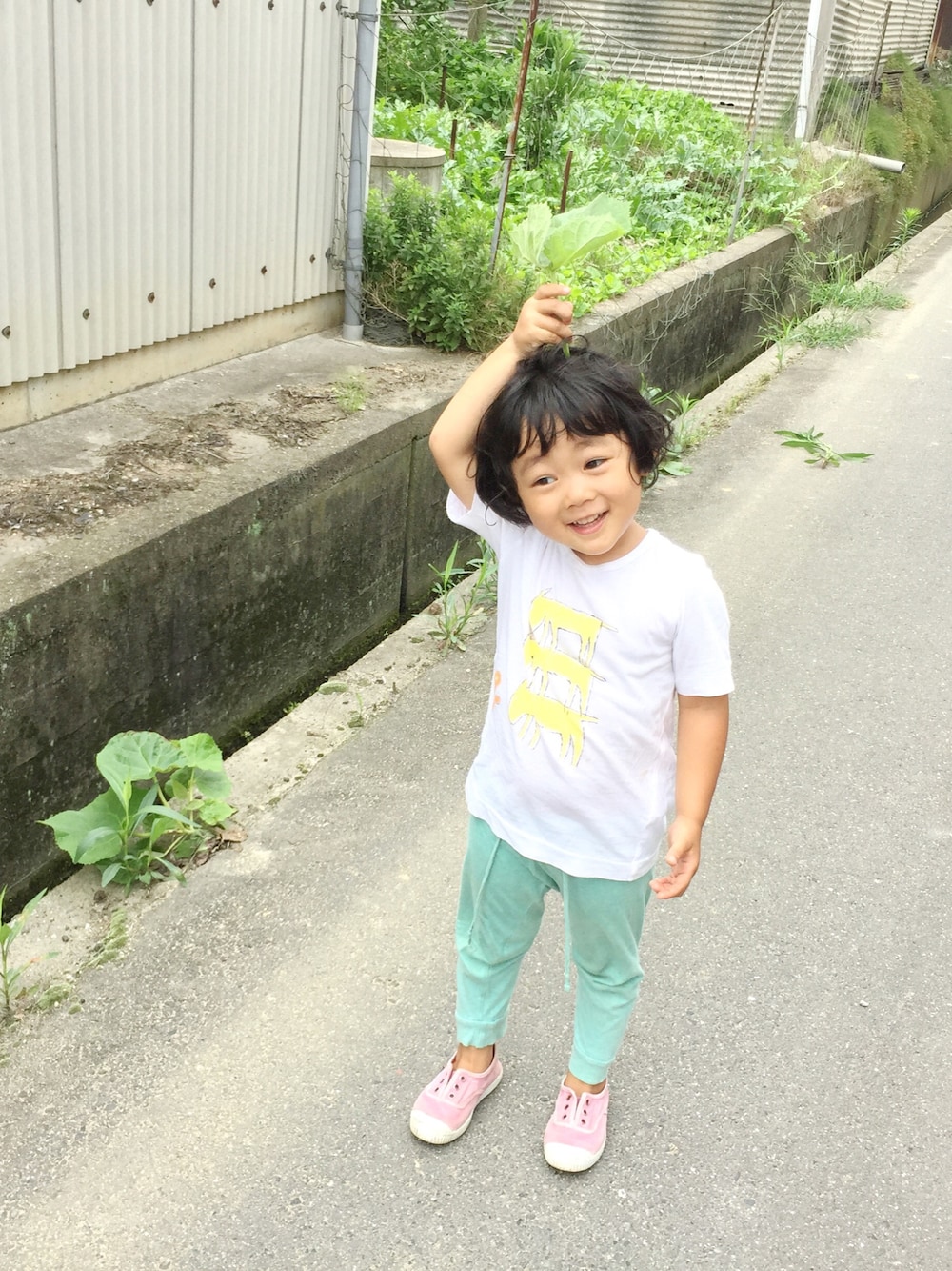 「散歩」｜「mina perhonen babyのアイテム（Tシャツ/カットソー、ホワイト系）」を使った、mimo  mitoさん（キッズ・90cm）の夏コーディネートの1枚目の写真