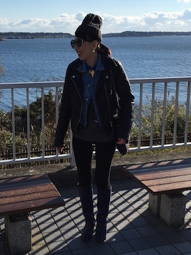 「正月」｜「アイテム（ライダースジャケット）」を使った、HALU.さん（レディース・153cm）の冬コーディネート