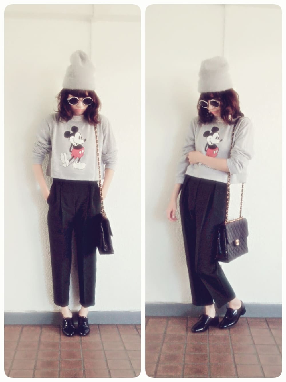 グレー系のスウェット、グリーン系のその他パンツ、グレー系のニットキャップ/ビーニーを着用したレディースの秋コーディネートの1枚目の写真