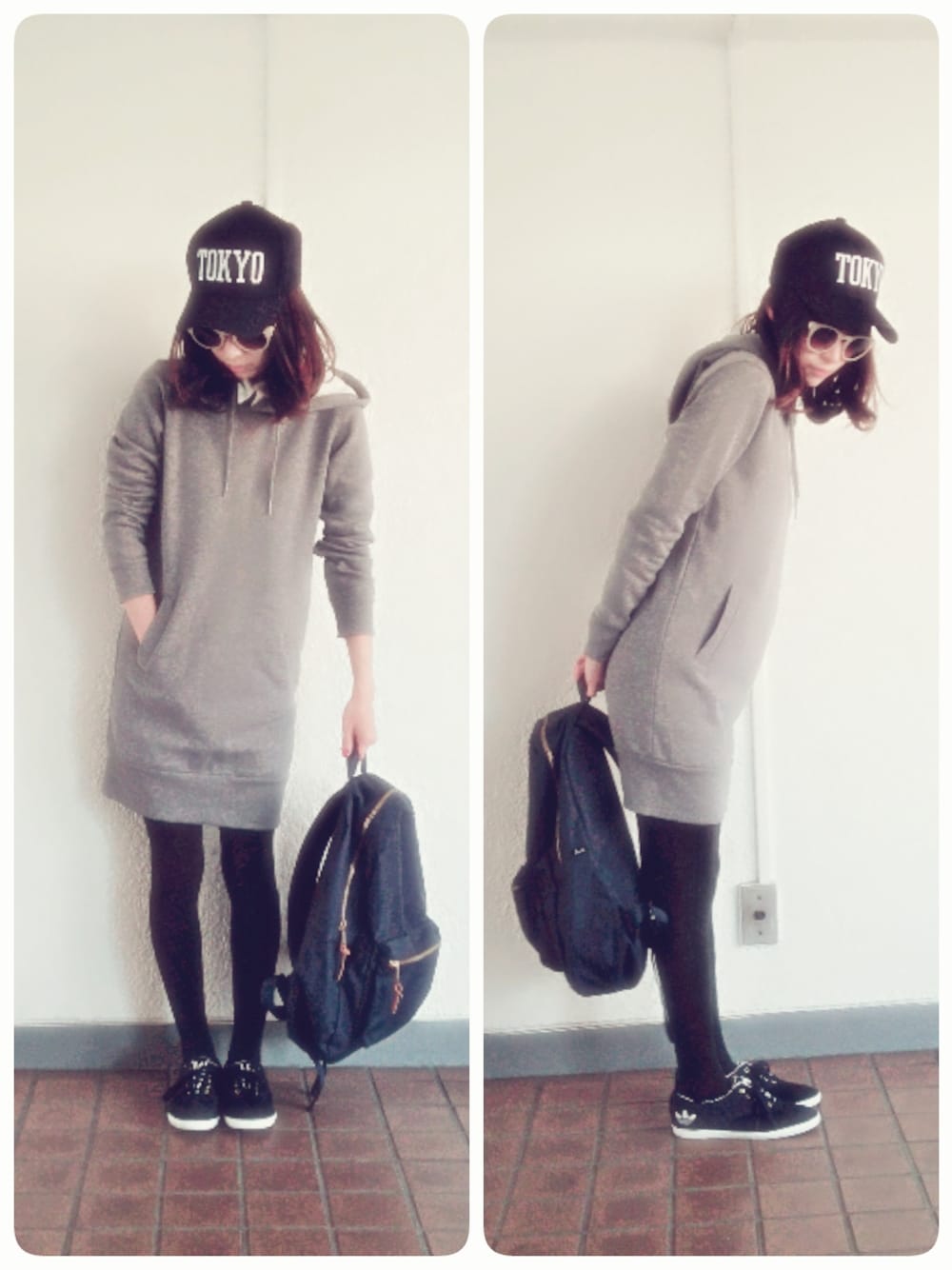 ブルー系のバックパック/リュック、グレー系のワンピース、グリーン系のシャツ/ブラウスを着用したレディースの秋コーディネートの1枚目の写真