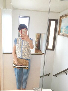 「柄×柄」｜「アイテム（サロペット/オーバーオール）」を使った、さわさん（レディース・170cm）の夏コーディネート