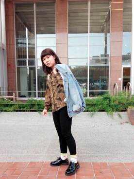 「VINTAGE（ヴィンテージ）のアイテム（シャツ/ブラウス、グリーン系）」を使った、Lunさん（レディース・154cm）の冬コーディネート
