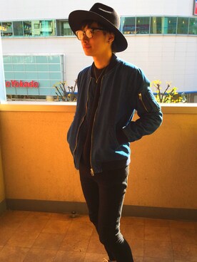 「HARE（ハレ）のアイテム（ハット、ブラック系）」を使った、SEーYAさん（メンズ）の冬コーディネート