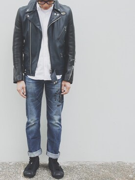 「hystericglamour」｜「アイテム（ライダースジャケット）」を使った、MR.BRAINさん（メンズ・173cm）の冬コーディネート