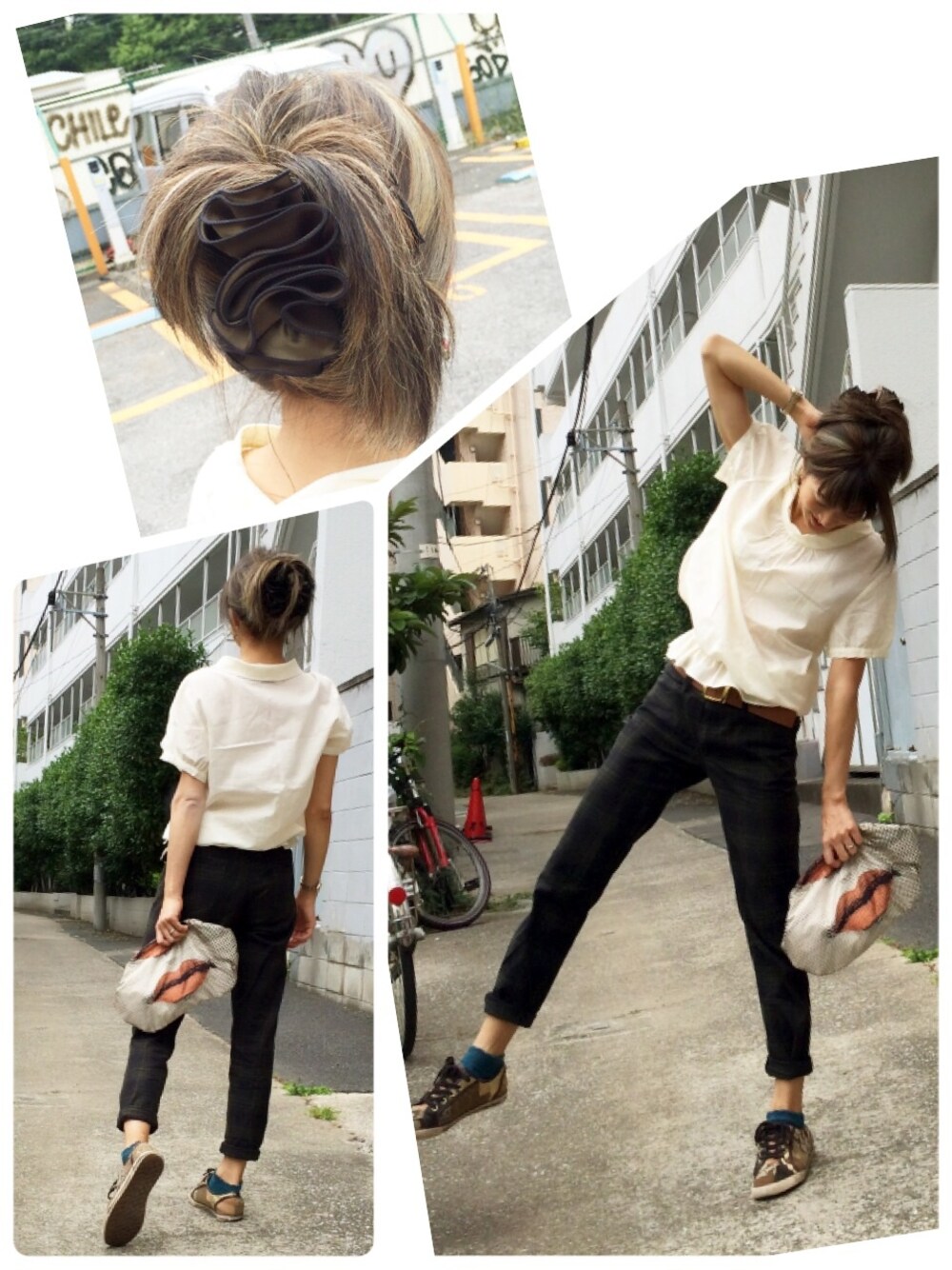 ベージュ系のクラッチバッグ、ゴールド系のスニーカー、ベージュ系のシャツ/ブラウスを着用したレディースの春コーディネートの1枚目の写真