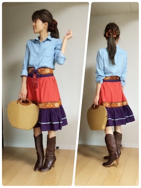 「ダンガリーシャツ」｜「アイテム（ハンドバッグ）」を使った、中條加奈子さん（レディース・159cm）の夏コーディネート