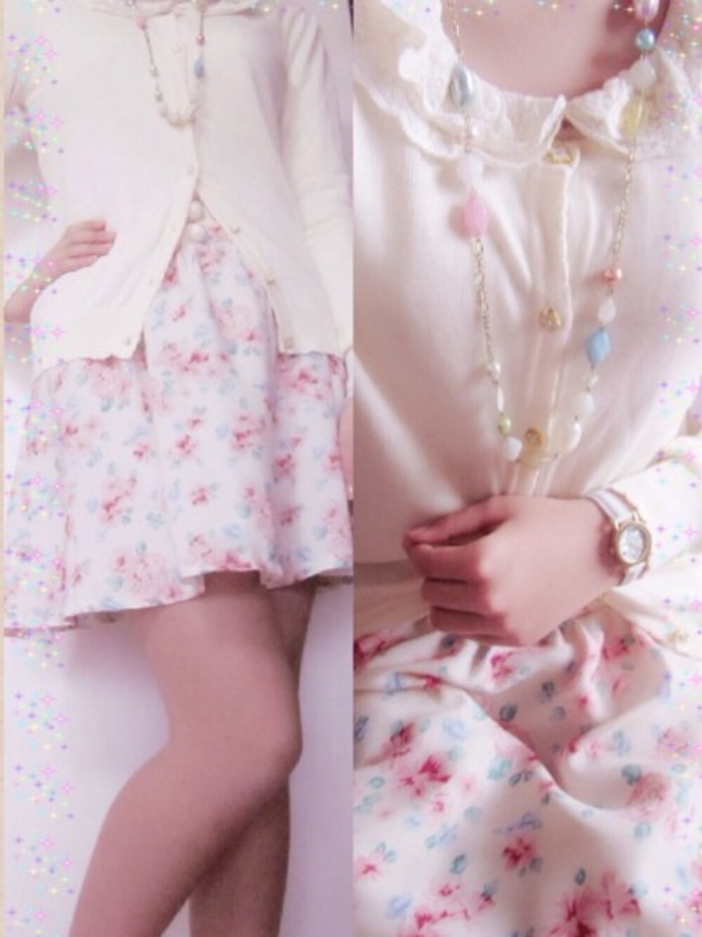 「ホワイト、オールホワイト、春コーデ、おしゃれ、花柄 スカート」｜「agnes b.のLM02 WATCH（アナログ腕時計、ホワイト系）」を使った、Marinaさん（レディース・168cm）の春コーディネートの1枚目の写真