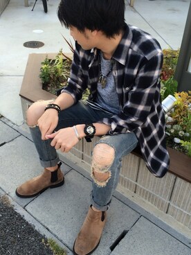 「RAGEBLUE（レイジブルー）のサイドゴアブーツ/705972（ブーツ、ベージュ系）」を使った、takashiさん（メンズ・180cm）の春コーディネート