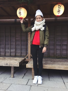 「THE NORTH FACE（ザノースフェイス）のアイテム（ミリタリージャケット）」を使った、潮田あかりさん（レディース・166cm）の冬コーディネート