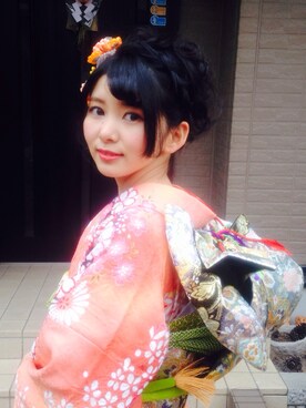 「きもの友禅のアイテム（浴衣、オレンジ系）」を使った、mさん（レディース・156cm）の冬コーディネート