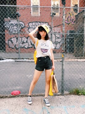 「ZARA（ザラ）のアイテム（Tシャツ/カットソー、ホワイト系）」を使った、Kyyyyyylinさん（レディース・162cm）の夏コーディネート