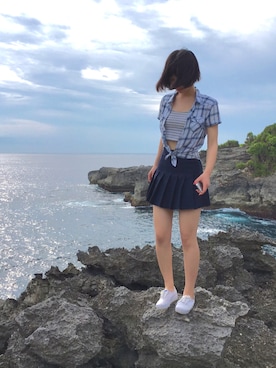 「American Apparel（アメリカンアパレル）のアイテム（スカート、ブルー系）」を使った、Kyyyyyylinさん（レディース・162cm）の春コーディネート