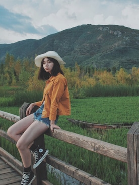 「CONVERSE（コンバース）のCONVERSE / ALL STAR J HI （スニーカー、ホワイト系）」を使った、Kyyyyyylinさん（レディース・162cm）の夏コーディネート