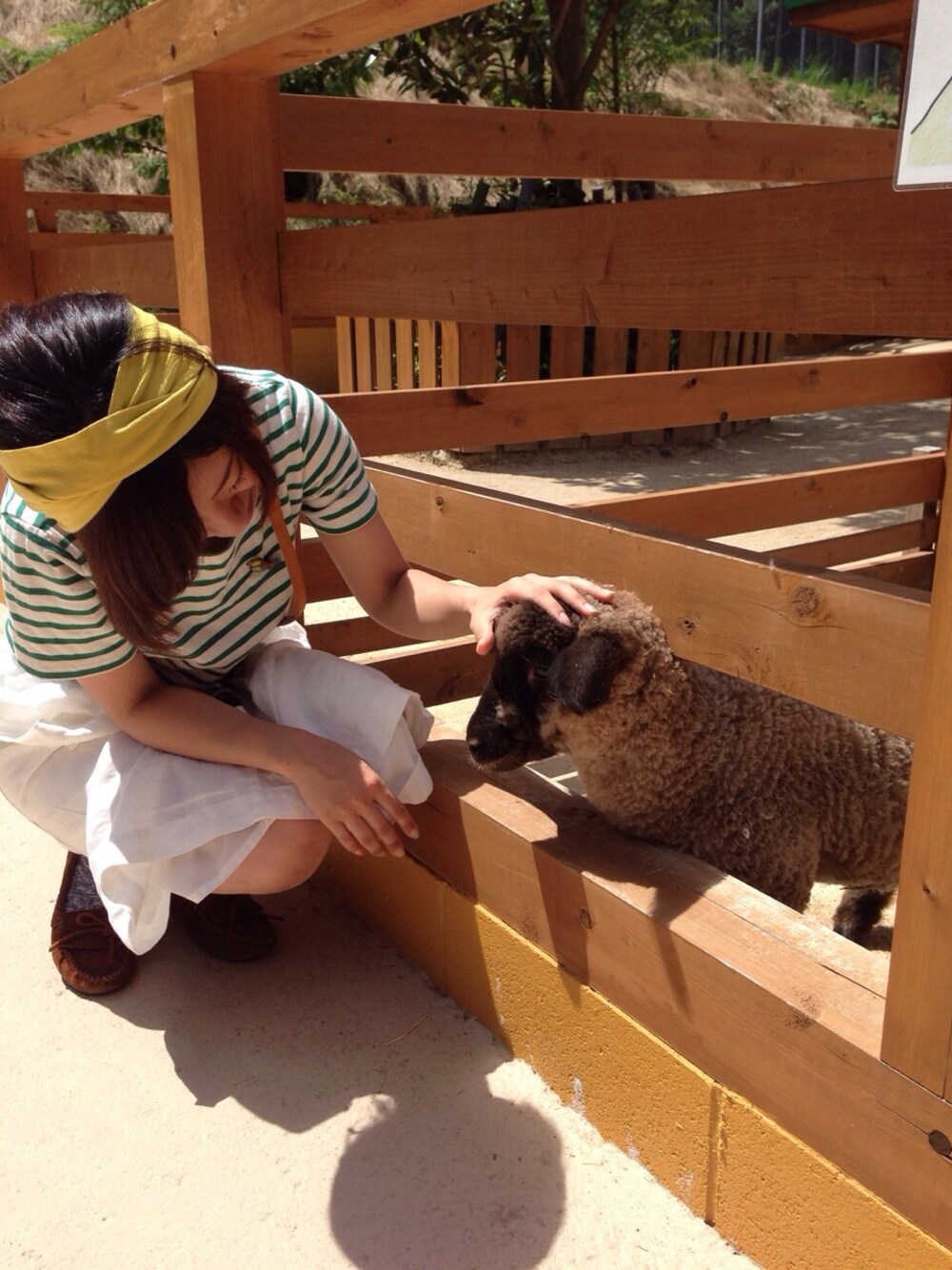 「ボーダー、白スカート、無印良品、スタジオクリップ、ヘアバンド、動物園、ブローチ部」｜「studio CLIPのボーダーT（Tシャツ/カットソー、グリーン系）」を使った、Tukino〇゜＊さん（レディース・147cm）の秋コーディネートの1枚目の写真