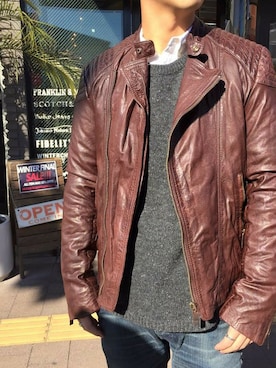 「SCOTCH & SODA（スコッチ アンド ソーダ）のアイテム（ライダースジャケット）」を使った、GRAVY'Sさん（メンズ・172cm）の冬コーディネート