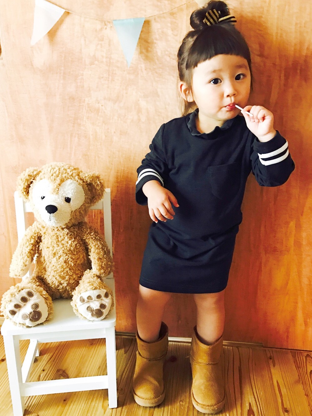 「女の子、女の子コーデ、2歳」｜「韓国子供服のアイテム（ワンピース、ブラック系）」を使った、shomayuzu*さん（キッズ・80cm）の秋コーディネートの1枚目の写真
