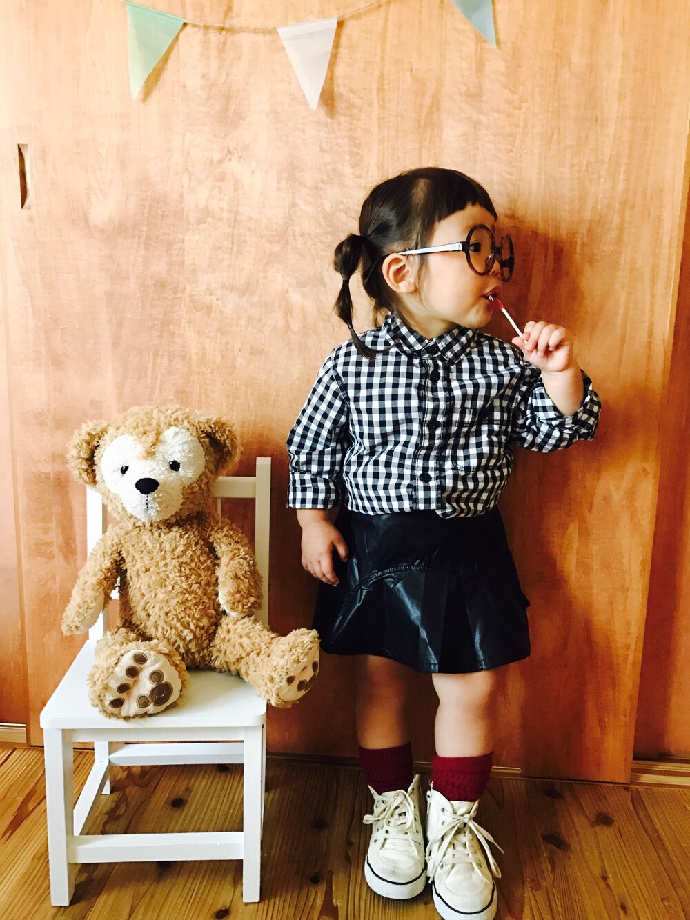 「女の子、女の子コーデ、2歳、フェイクレザースカート」｜「abcdのアイテム（シャツ/ブラウス、その他）」を使った、shomayuzu*さん（キッズ・100cm）の秋コーディネートの1枚目の写真