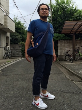 「アイテム（メッセンジャーバッグ、ブルー系）」を使った、gunken5さん（メンズ・171cm）の夏コーディネート