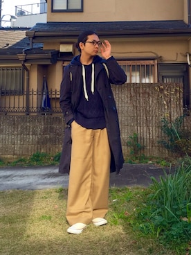 「ケーブルニット」｜「アイテム（トレンチコート）」を使った、能さん（メンズ・172cm）の冬コーディネート