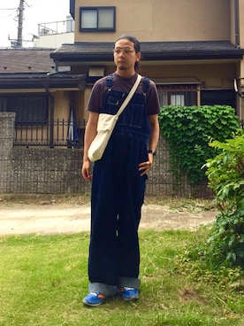 「ワイドシルエット」｜「アイテム（オールインワン・サロペット）」を使った、能さん（メンズ・172cm）の夏コーディネート