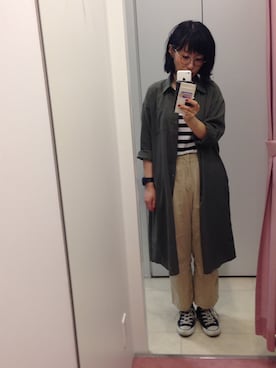 「ハイウエストパンツ」｜「アイテム（シャツワンピース）」を使った、NANAEさん（レディース・155cm）の秋コーディネート