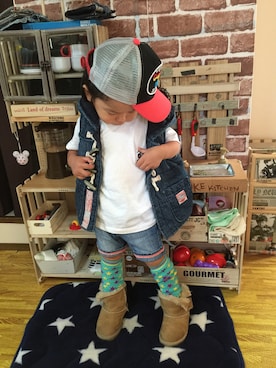 「アイテム（レッグウォーマー、グリーン系）」を使った、ryuuuさん（キッズ・90cm）の秋コーディネート