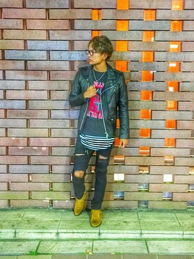 「DOWBL（ダブル）のアイテム（ライダースジャケット）」を使った、daisukeさん（メンズ・180cm）の秋コーディネート