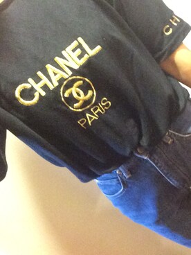 「CHANEL（シャネル）のアイテム（Tシャツ/カットソー、ブラック系）」を使った、にぽぽさん（レディース・155cm）の夏コーディネート