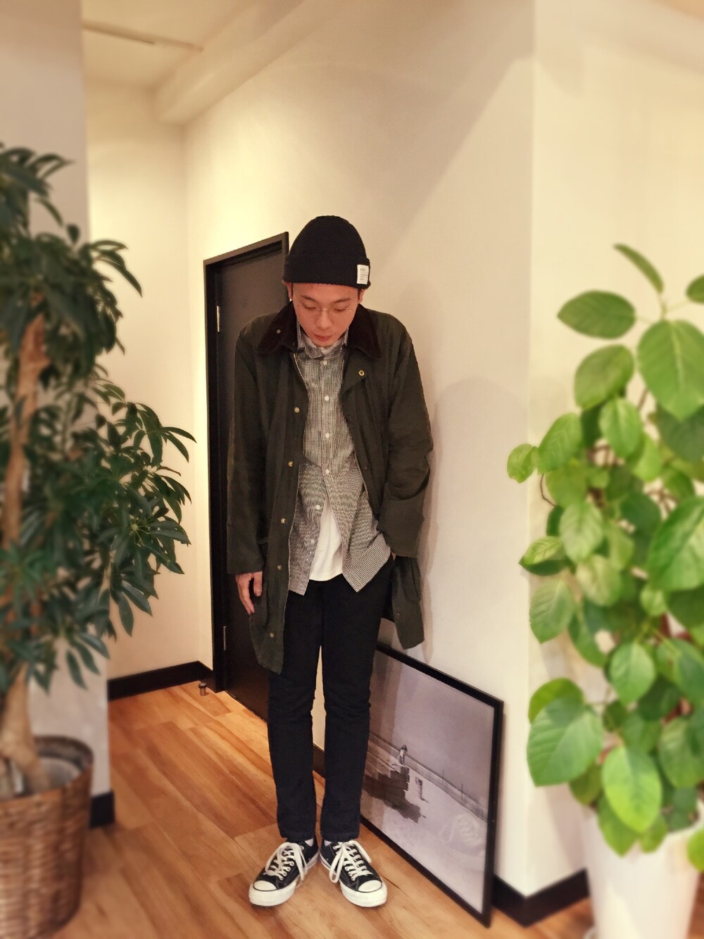 「2-tacs、STABILIZER GNZ、barbour、ALLEGE、表参道、美容師」｜「Barbourのボーダー（モッズコート、グリーン系）」を使った、junya_mochizukiさん（メンズ・177cm）の冬コーディネートの1枚目の写真