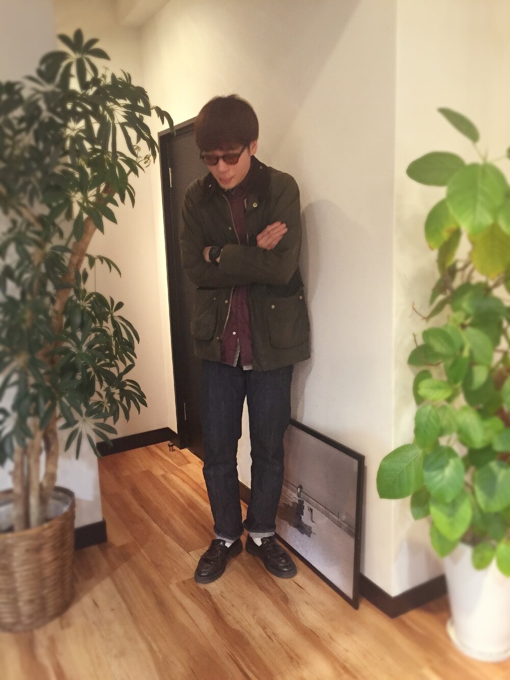 「ノースプロジェクト、バブアー、barbour、N.HOOLYWOOD、ローファー、サングラス、Moscot」｜「N.HOOLYWOODのN.HOOLYWOOD Gショック（アナログ腕時計、ブラック系）」を使った、junya_mochizukiさん（メンズ・177cm）の冬コーディネートの1枚目の写真