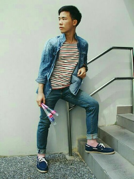 「stripes」｜「アイテム（デニムジャケット）」を使った、Rickyさん（メンズ・167cm）の夏コーディネート
