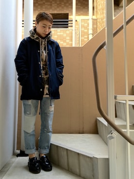 「カモ柄」｜「アイテム（ナイロンジャケット）」を使った、akiさん（レディース・153cm）の冬コーディネート