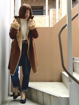 「スカーフ」｜「アイテム（ムートンコート）」を使った、akiさん（レディース・153cm）の冬コーディネート