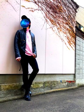 「AZUL by moussy（アズールバイマウジー）のアイテム（ライダースジャケット）」を使った、馬之助さん（メンズ・168cm）の冬コーディネート