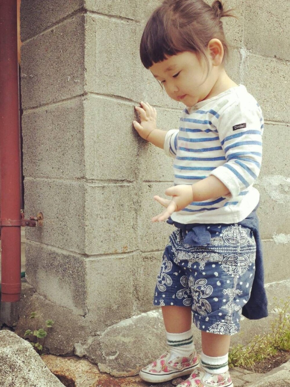 「VANS、ボーダー、ショートパンツ、ラインソックス、グラミチ、マリンコーデ、腰巻きスタイル」｜「DENIM DUNGAREEのボーダーTシャツ（Tシャツ/カットソー、ホワイト系）」を使った、△▲△▲△さん（キッズ・90cm）の夏コーディネートの1枚目の写真