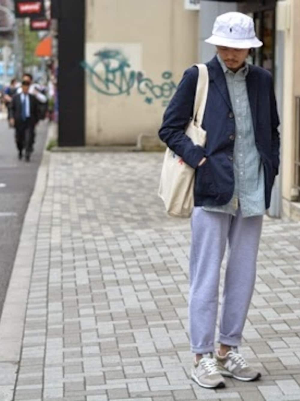 「スケータースタイル、わたしのお母さん、ギンガムチェック シャツ、RAWDRIP2nd」｜「POLO RALPH LAURENのBUCKET HAT（ハット、ホワイト系）」を使った、RAWDRIP2ndさん（メンズ・178cm）の春コーディネートの1枚目の写真
