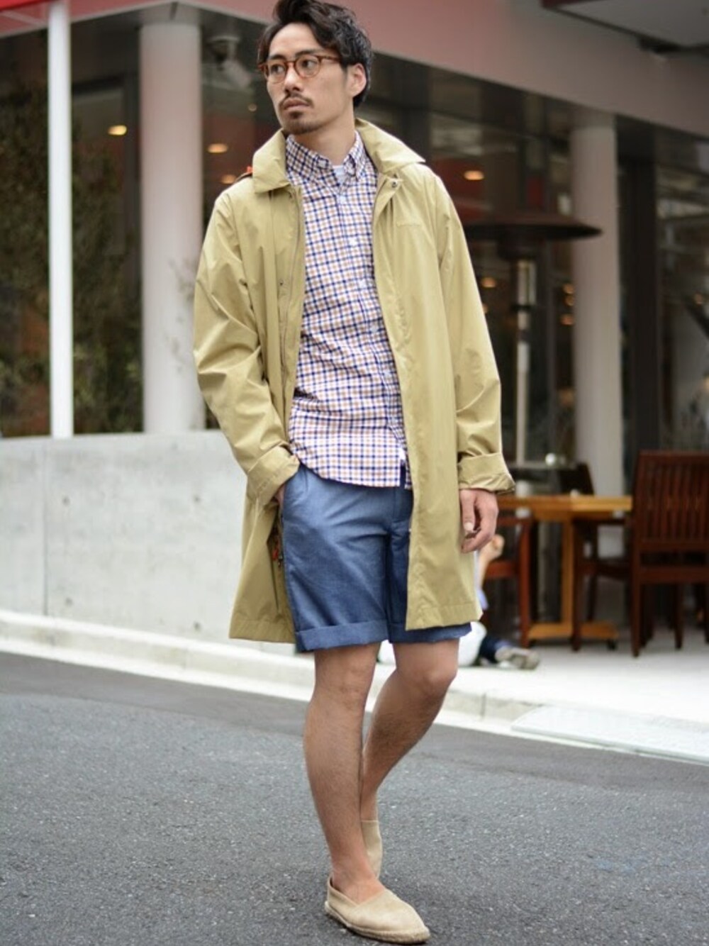 「ステンカラーコート、ショーツ、RAWDRIP2nd、サロン帰り」｜「patagoniaのPATAGONIA NYLON STAIN COLLAR JACKET（ステンカラーコート、ベージュ系）」を使った、RAWDRIP2ndさん（メンズ・170cm）の夏コーディネートの1枚目の写真