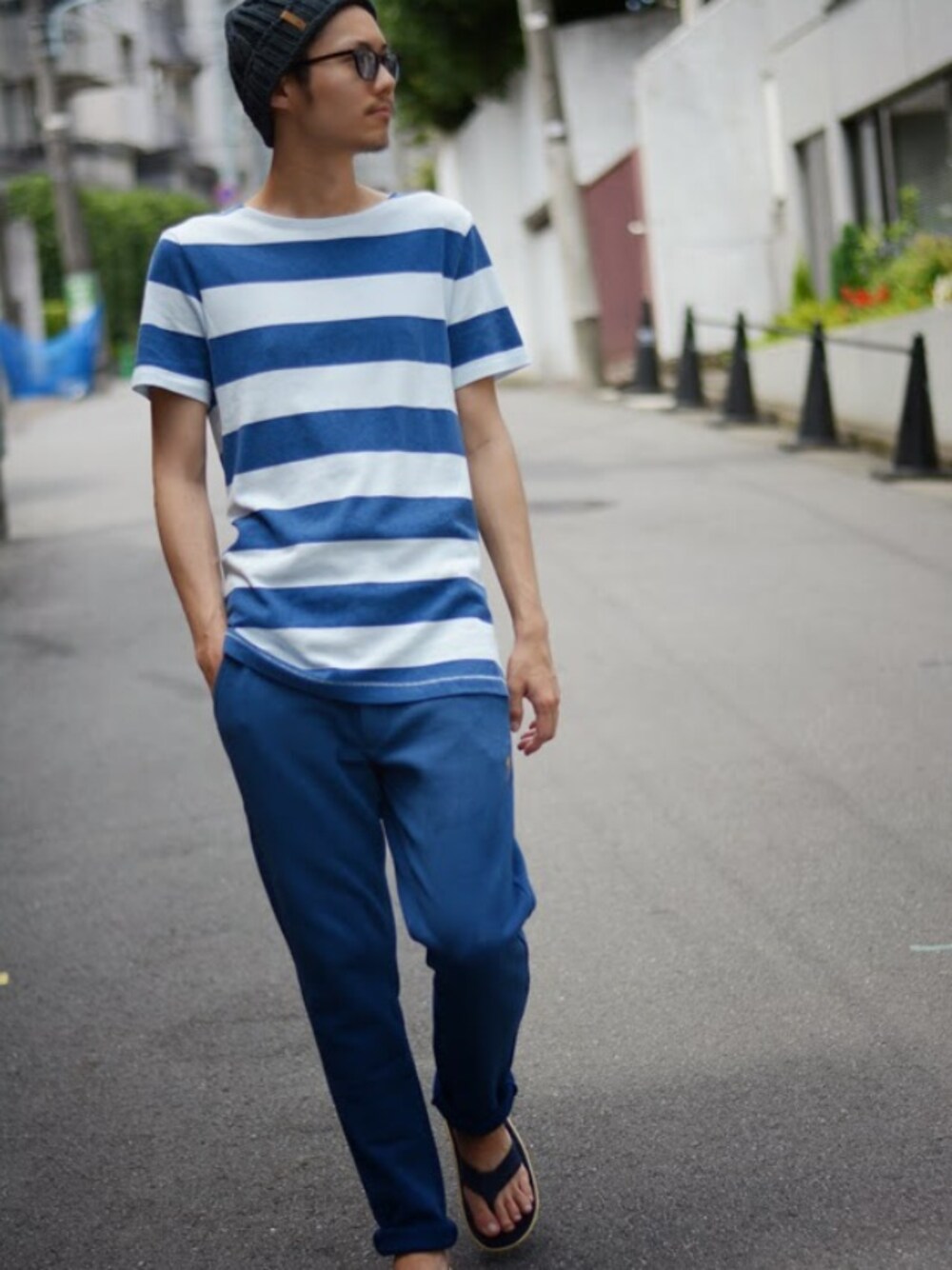 「スウェット、ブルー、サーフ、ビーサン、RAWDRIP2nd」｜「M.NiiのM.Nii BOATNECK TEE（Tシャツ/カットソー、ブルー系）」を使った、RAWDRIP2ndさん（メンズ・178cm）の夏コーディネートの1枚目の写真