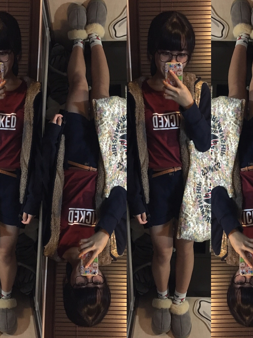 「WEGO、UNIQLO、UGG、JackWills、hkgirl、hk、Japan、japanese」｜「WEGOのWEGO/WサイドナンバリングTシャツ（Tシャツ/カットソー、レッド系）」を使った、さこ♥さん（レディース・158cm）の冬コーディネートの1枚目の写真