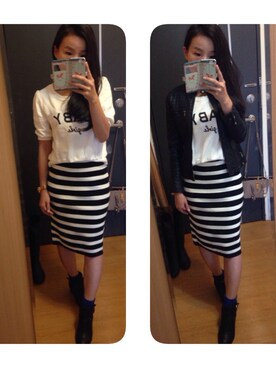 「skirt」｜「アイテム（ライダースジャケット）」を使った、Luna Tsaiさん（レディース・156cm）の秋コーディネート